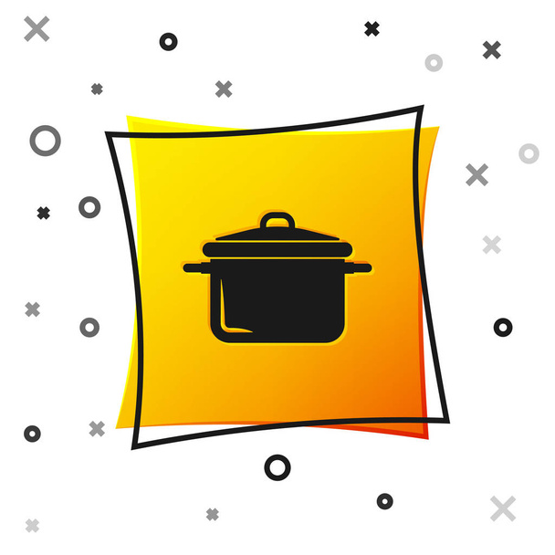 Zwarte kookpot icoon geïsoleerd op witte achtergrond. Kook of stoofpot voedsel symbool. Gele vierkante knop. Vector illustratie - Vector, afbeelding