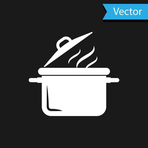Weißes Kochtopfsymbol isoliert auf schwarzem Hintergrund. Kochen oder schmoren Lebensmittel Symbol. Vektorillustration - Vektor, Bild