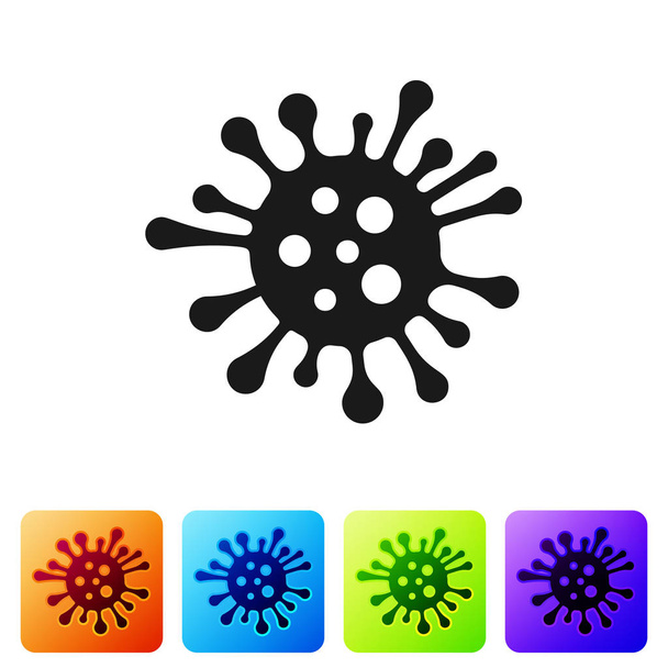 白い背景に隔離されたブラックバクテリアのアイコン。細菌や細菌、微生物疾患を引き起こす、細胞癌、微生物、ウイルス、真菌。色の正方形のボタンにアイコンを設定します。ベクトルイラストレーション - ベクター画像