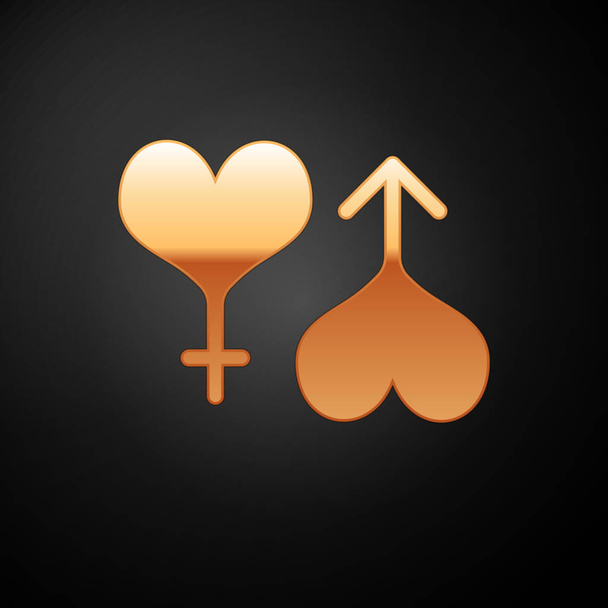 Złota męska i żeńska ikona serca symbol izolowane na czarnym tle. Symbol płci. Ilustracja wektorowa - Wektor, obraz