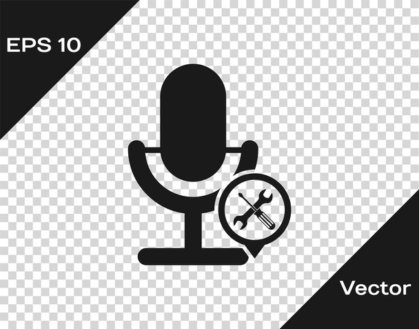 Grey Microphone with screwdriver and wrench icon isolated on transparent background. Adjusting, service, setting, maintenance, repair, fixing. Vector Illustration - Vector, Image