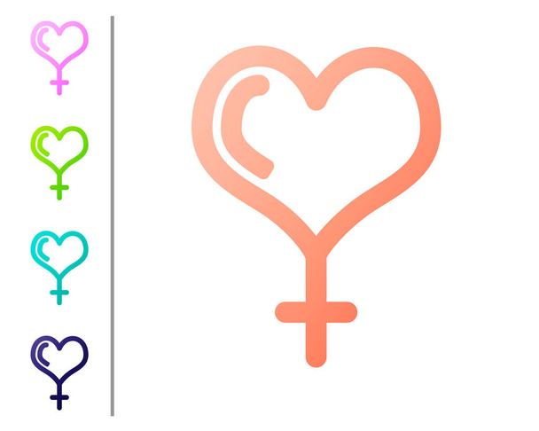 Koralle weibliches Geschlechtssymbol und Herz-Symbol isoliert auf weißem Hintergrund. Venussymbol. das Symbol für einen weiblichen Organismus oder eine Frau. Farbsymbole setzen. Vektorillustration - Vektor, Bild