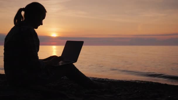 Vista lateral de la silueta de una mujer que trabaja con un ordenador portátil junto al mar al atardecer
 - Metraje, vídeo
