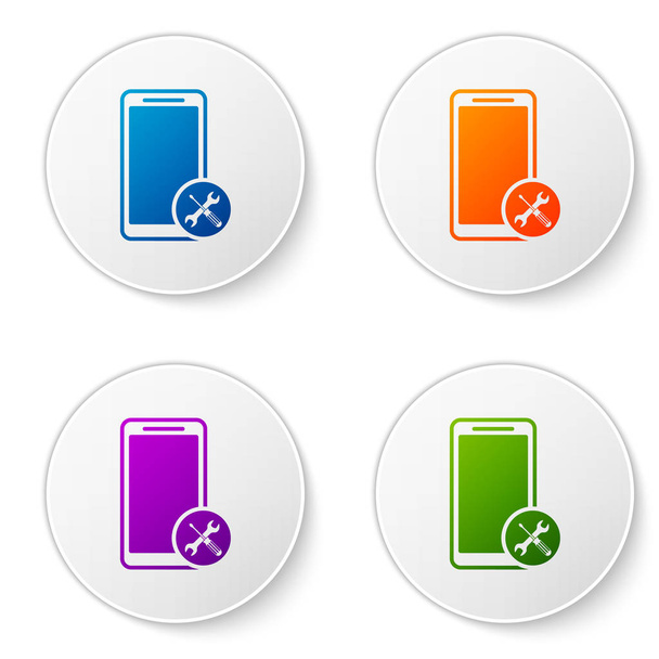 Smartphone cor com chave de fenda e ícone chave isolada no fundo branco. Ajuste, serviço, configuração, manutenção, reparação, fixação. Definir ícones em botões de círculo. Ilustração vetorial
 - Vetor, Imagem
