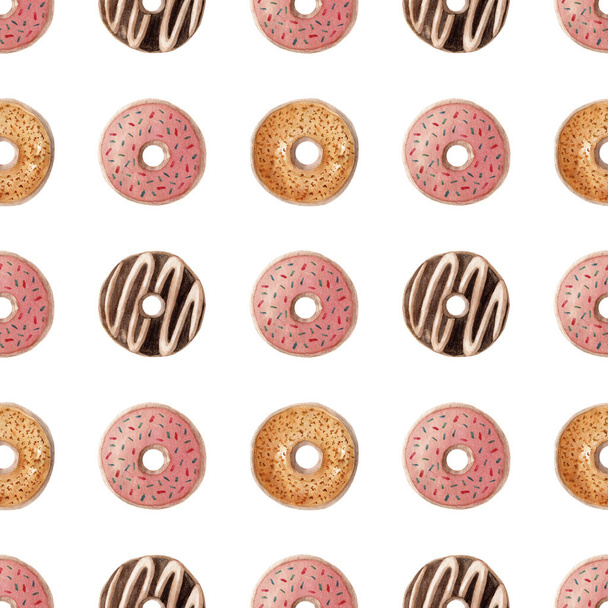 Naadloos patroon. Aquarel zoete donut. Hand getekende dessert illustratie. Design stof, verpakking - Foto, afbeelding