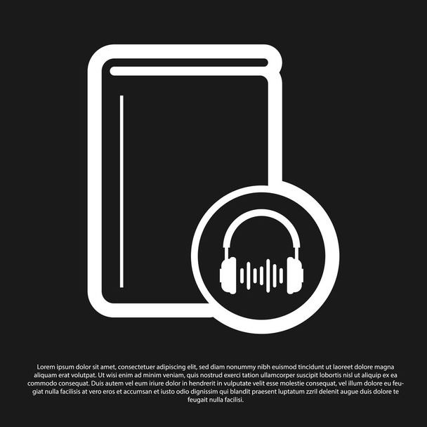 Icono de libro de audio negro aislado sobre fondo negro. Reserva con auriculares. Signo de audio guía. Concepto de aprendizaje en línea. Ilustración vectorial
 - Vector, Imagen