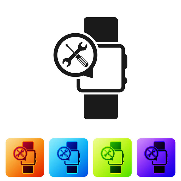 Smartwatch nero con cacciavite e icona della chiave isolata su sfondo bianco. Regolazione, assistenza, regolazione, manutenzione, riparazione, fissaggio. Imposta l'icona nei pulsanti quadrati a colori. Illustrazione vettoriale
 - Vettoriali, immagini