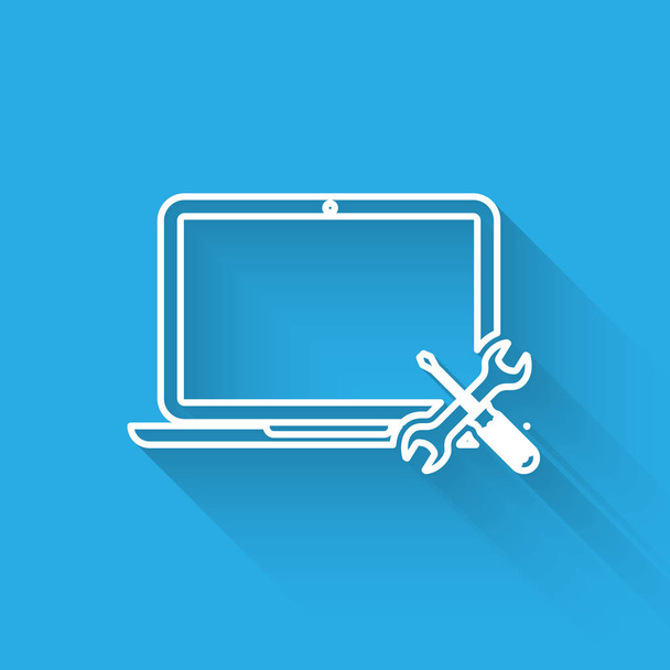 Línea blanca Laptop con destornillador e icono de llave aislada con sombra larga. Ajuste, servicio, ajuste, mantenimiento, reparación, fijación. Ilustración vectorial
 - Vector, Imagen