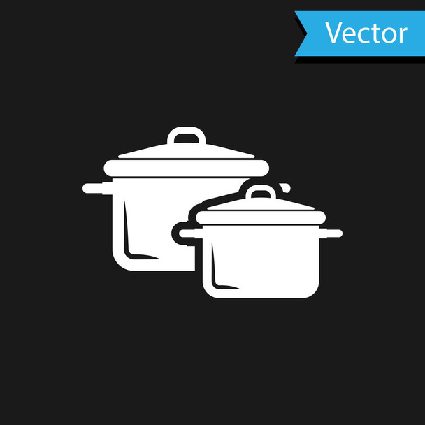 Λευκή κατσαρόλα μαγείρεμα εικονίδιο απομονώνονται σε μαύρο φόντο. Βράζω ή στιφάδο σύμβολο τροφίμων. Εικονογράφηση διανύσματος - Διάνυσμα, εικόνα