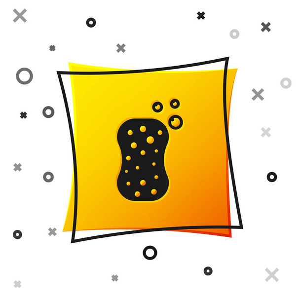 Μαύρο Σφουγγάρι με φυσαλίδες εικονίδιο απομονώνονται σε λευκό φόντο. Κοφτερό για το πλύσιμο των πιάτων. Λογότυπο υπηρεσίας καθαρισμού. Κουμπί κίτρινο τετράγωνο. Εικονογράφηση διανύσματος - Διάνυσμα, εικόνα