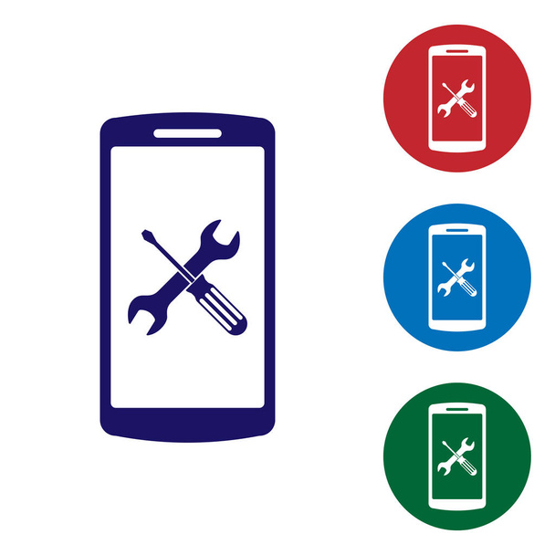 Smartphone azul com chave de fenda e ícone de chave de fenda isolado no fundo branco. Ajuste, serviço, configuração, manutenção, reparação, fixação. Definir ícone de cor em botões de círculo. Ilustração vetorial
 - Vetor, Imagem