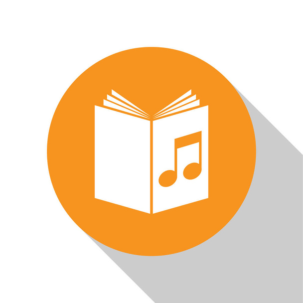 Icono de libro de audio blanco aislado sobre fondo blanco. Nota musical con libro. Signo de audio guía. Concepto de aprendizaje en línea. Botón círculo naranja. Ilustración vectorial
 - Vector, Imagen