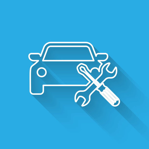 Bílá linka vůz s šroubovákem a klíčem je izolován dlouhým stínem. Seřízení, servis, nastavení, údržba, opravy, upevnění. Vektorová ilustrace - Vektor, obrázek