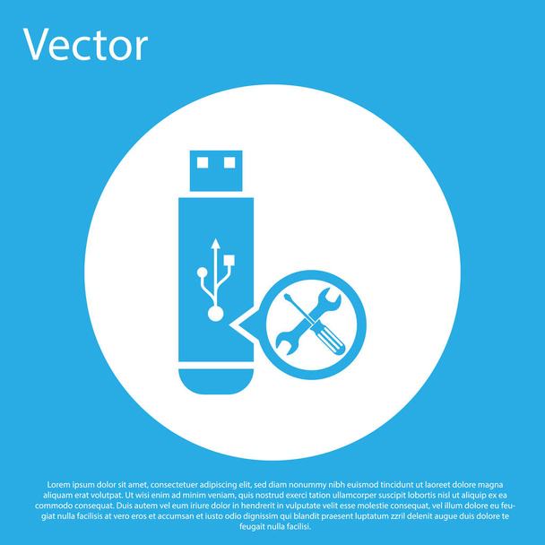 Blue USB flash drive with screwdriver and wrench icon isolated on blue background. Adjusting, service, setting, maintenance, repair, fixing. White circle button. Vector Illustration - Vector, Image