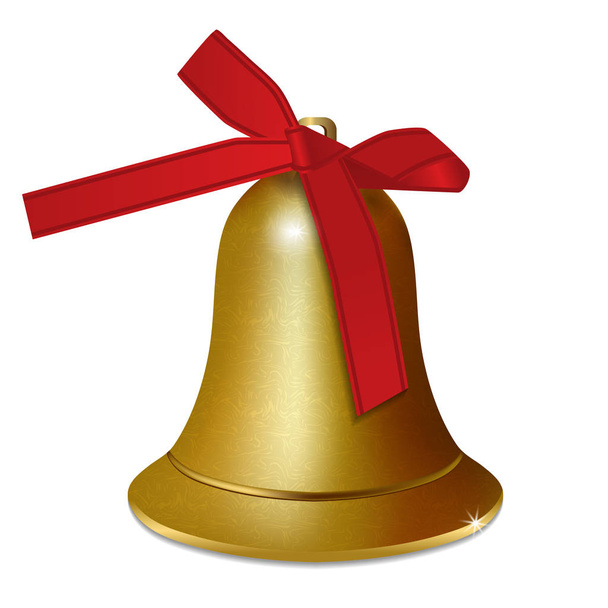 Bell with red ribbon bow isolated on white background. Christmas and New year golden decoration. Vector - ベクター画像