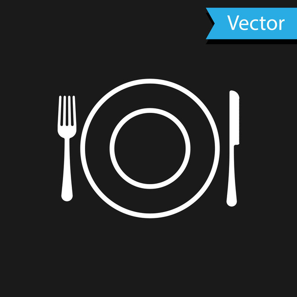 Icono de placa blanca, tenedor y cuchillo aislado sobre fondo negro. Símbolo de cubertería. Signo del restaurante. Ilustración vectorial
 - Vector, imagen