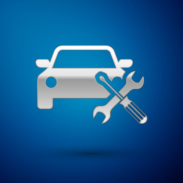 Silver Car with screwdriver and wrench icon isolated on blue background. Adjusting, service, setting, maintenance, repair, fixing. Vector Illustration - Vector, Image