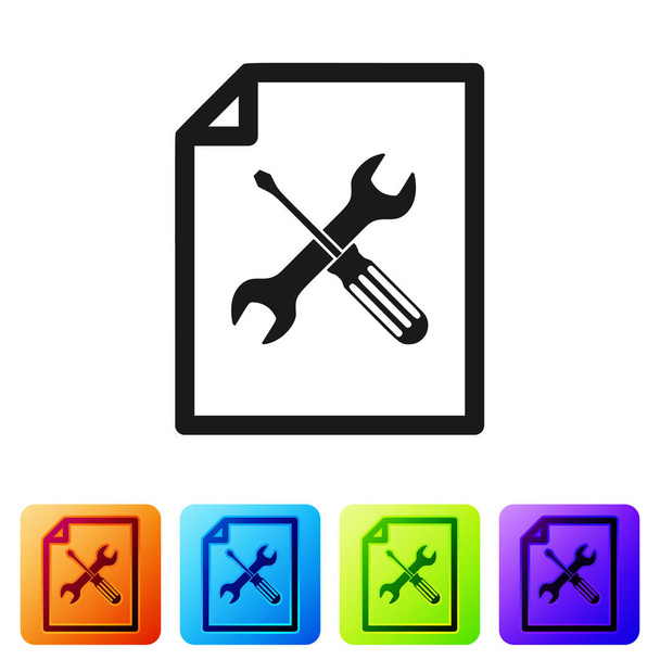 Black File document with screwdriver and wrench icon isolated on white background. Adjusting, service, setting, maintenance, repair, fixing. Set icon in color square buttons. Vector Illustration - Vector, imagen