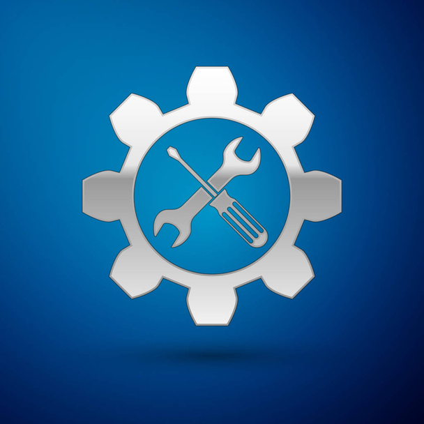 Símbolo de manutenção de prata chave de fenda e chave de fenda no ícone de engrenagem isolado no fundo azul. Símbolo da ferramenta de serviço. Ilustração vetorial
 - Vetor, Imagem