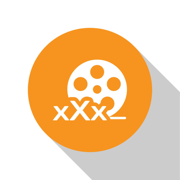 Κύλινδρος λευκού φιλμ με επιγραφή XXX εικονίδιο απομονώνεται σε λευκό φόντο. Σύμβολο περιορισμού ηλικίας. 18 συν σύμβολο περιεχομένου. Κανάλι ενηλίκων. Πορτοκαλί κουμπί κύκλου. Απεικόνιση διανυσματικών φορέων - Διάνυσμα, εικόνα