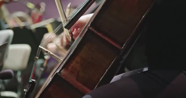 Muzyk grający na wiolonczelę podczas próby klasycznej muzyki przed koncertem - Materiał filmowy, wideo