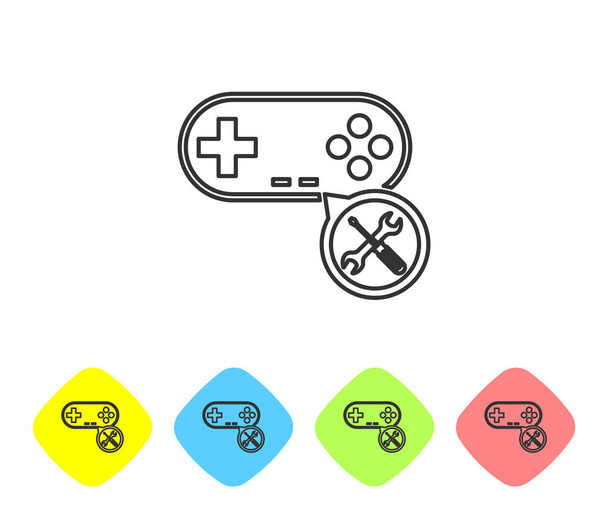 Grigio Linea Gamepad con cacciavite e chiave a icona isolato su sfondo bianco. Regolazione, assistenza, regolazione, manutenzione, riparazione, fissaggio. Imposta l'icona nei pulsanti rombo a colori. Illustrazione vettoriale
 - Vettoriali, immagini