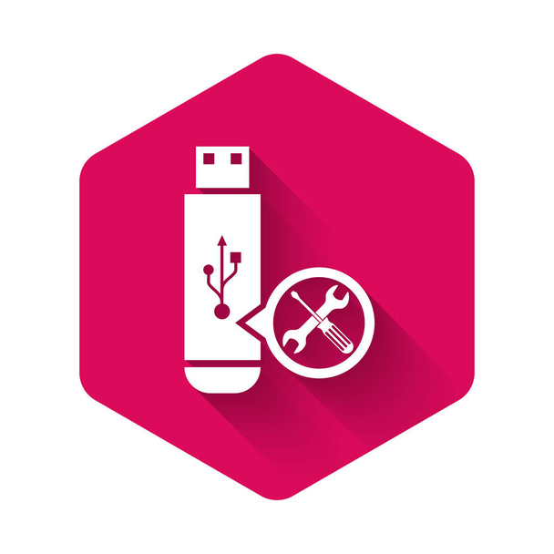 White USB flash drive with screwdriver and wrench icon isolated with long shadow. Adjusting, service, setting, maintenance, repair, fixing. Pink hexagon button. Vector Illustration - Vector, Image