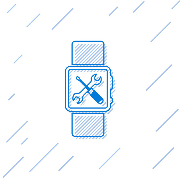 Blauwe lijn SmartWatch met schroevendraaier en moersleutel pictogram geïsoleerd op witte achtergrond. Aanpassing, service, instelling, onderhoud, reparatie, bevestiging. Vector illustratie - Vector, afbeelding