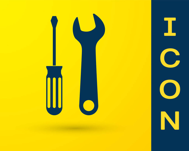 Niebieski śrubokręt i narzędzia klucz ikona izolowane na żółtym tle. Symbol narzędzia serwisowego. Ilustracja wektorowa - Wektor, obraz