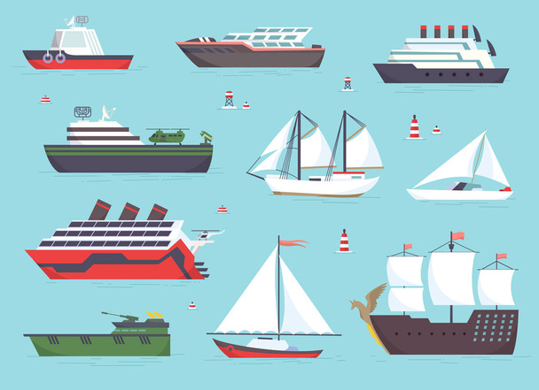 Schepen op zee, scheepvaart boten, Oceaan vervoer vector icons set - Vector, afbeelding