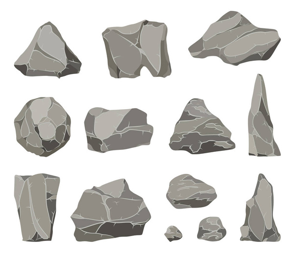 Ροκ πέτρες. Γραφίτη πέτρα, άνθρακα και βράχια σωρός για τοίχο ή βουνό με βότσαλα. Χαλίκι χαλίκια, γκρι πέτρα σωρού απομονωθεί καρτούν διάνυσμα εικόνες εικονογράφηση set. - Διάνυσμα, εικόνα