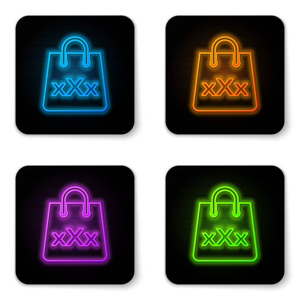 Beyaz arka planda izole Üçlü X simgesi ile parlayan Neon alışveriş çantası. Siyah kare düğmesi. Vektör Illustration - Vektör, Görsel