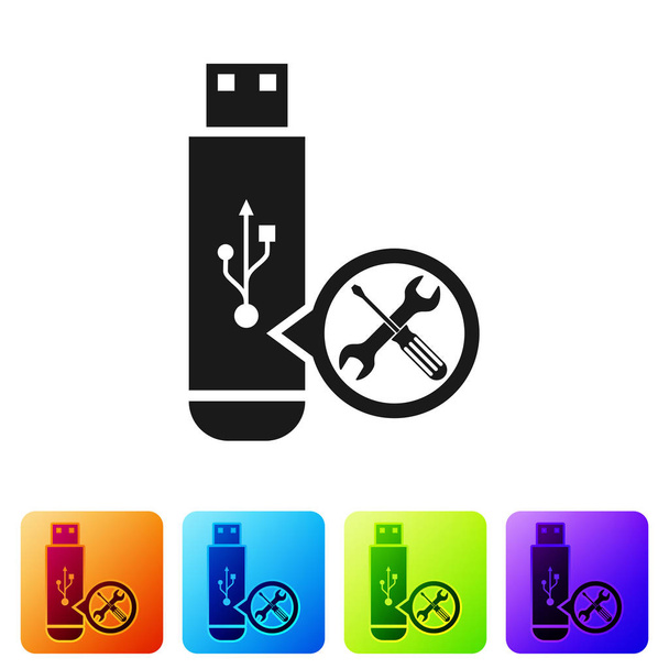 Black USB flash drive with screwdriver and wrench icon isolated on white background. Adjusting, service, setting, maintenance, repair, fixing. Set icon in color square buttons. Vector Illustration - Vector, Image