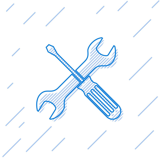 blaue Linie gekreuzten Schraubenzieher und Schraubenschlüssel Werkzeuge Symbol isoliert auf weißem Hintergrund. Service-Tool-Symbol. Vektorillustration - Vektor, Bild