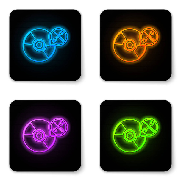 Glowing neon CD or DVD disk with screwdriver and wrench icon isolated on white background. Adjusting, service, setting, maintenance, repair, fixing. Black square button. Vector Illustration - Vector, Image