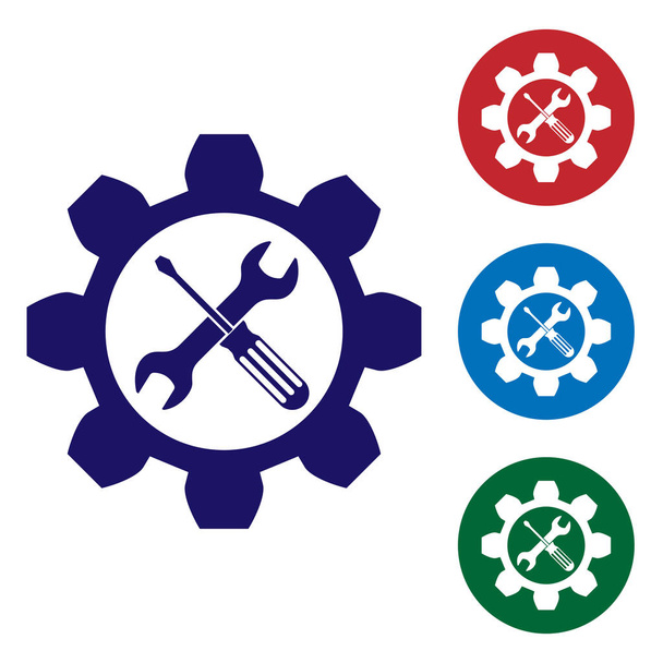 Símbolo de mantenimiento azul: llave inglesa y destornillador en el icono de engranaje aislado sobre fondo blanco. Símbolo herramienta de servicio. Establecer el icono de color en botones de círculo. Ilustración vectorial
 - Vector, imagen