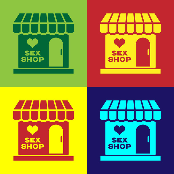 Farb-Sex-Shop Gebäude mit gestreiftem Markisensymbol isoliert auf farbigem Hintergrund. Sexshop, Online-Sexshop, Erotikprodukte für Erwachsene. Vektorillustration - Vektor, Bild