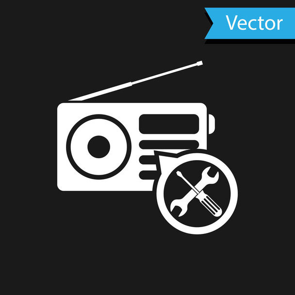 White Radio with screwdriver and wrench icon isolated on black background. Adjusting, service, setting, maintenance, repair, fixing. Vector Illustration - Vektor, obrázek