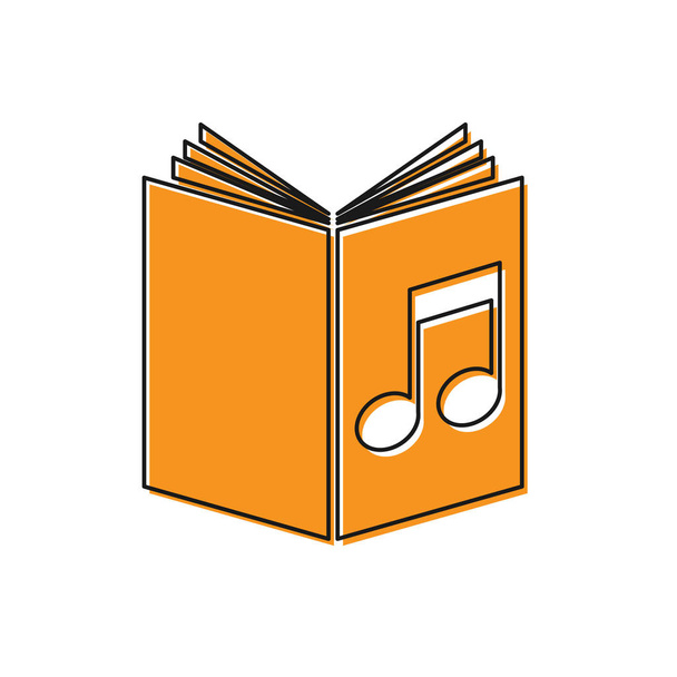 Ícone de livro de áudio laranja isolado no fundo branco. Nota musical com livro. Sinal de guia áudio. Conceito de aprendizagem online. Ilustração vetorial
 - Vetor, Imagem