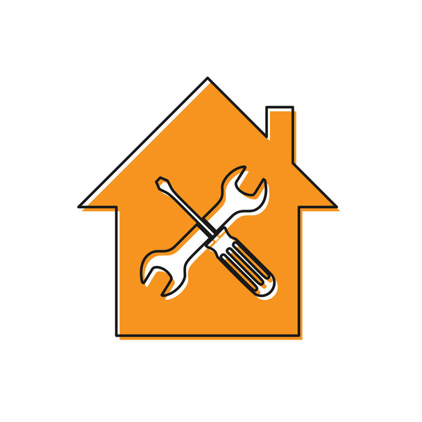 Orange House or home with screwdriver and wrench icon isolated on white background. Adjusting, service, setting, maintenance, repair, fixing. Vector Illustration - Vector, Image