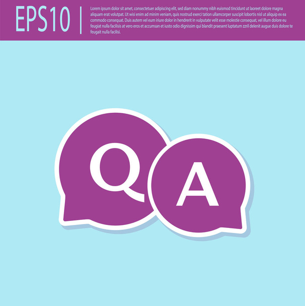 Burbujas de habla púrpura retro con icono de pregunta y respuesta aislado sobre fondo turquesa. Q y un símbolo. Signo FAQ. Charla de burbuja de voz y gráfico. Ilustración vectorial
 - Vector, Imagen
