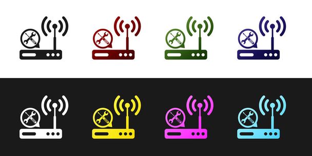 Ustaw router Wi-Fi z śrubokrętem i ikoną klucza izolowane na czarno-białym tle. Regulacja, serwis, ustawienie, konserwacja, naprawa, mocowanie. Ilustracja wektorowa - Wektor, obraz