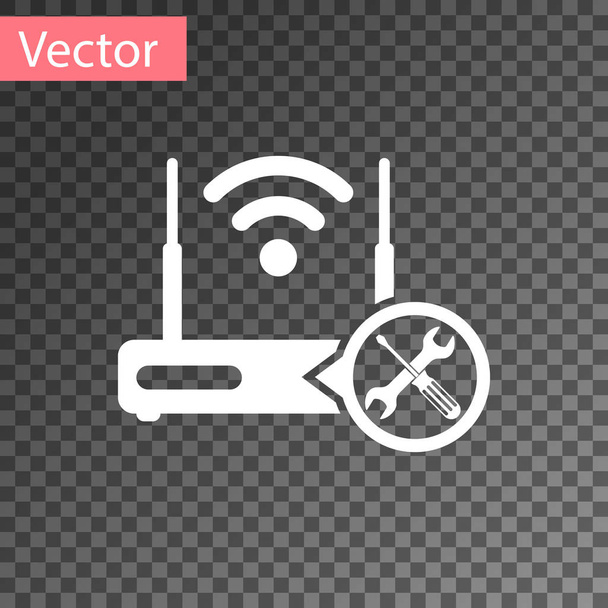 Bílý směrovač Wi-Fi se šroubovákem a klíčem izolovaně na průhledném pozadí. Seřízení, servis, nastavení, údržba, opravy, upevnění. Vektorová ilustrace - Vektor, obrázek