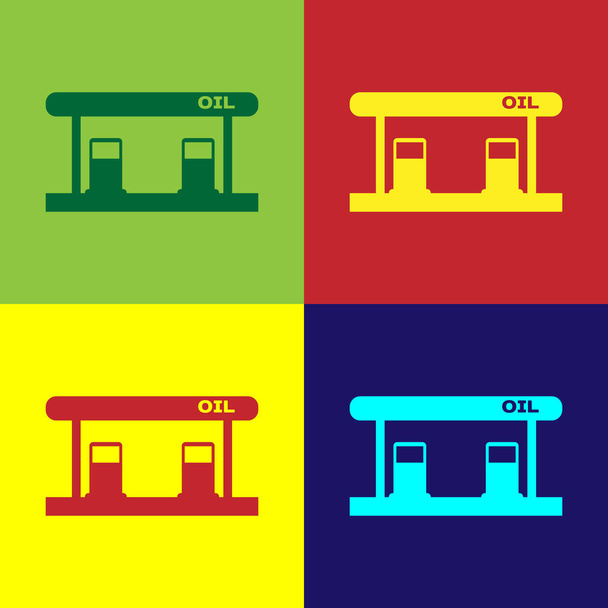 Ikona čerpací stanice pro barevný plyn je izolovaná na barevném pozadí. Výstavba služby související s dopravou benzin a olejová stanice. Vektorová ilustrace - Vektor, obrázek