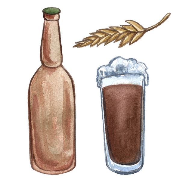 hand drawn watercolor oktoberfest set, mugs and glasses of beer, hop plant, snacks, sausages and pretzels, hand drawn illustration - Φωτογραφία, εικόνα