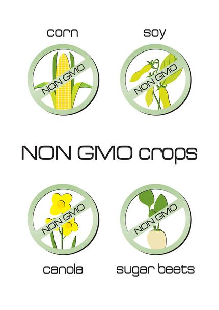Cultivos no modificados genéticamente conjunto de signos para maíz, soja, canola, remolacha azucarera
 - Vector, imagen