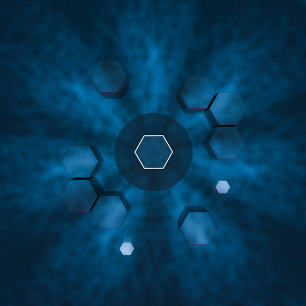 Hexagon cube with dark background, surrounded by glowing lines, 3d rendering. - Photo, Image