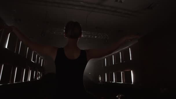 Slow Motion: ballerina dansen in Pointe-schoenen op het podium in rook in het donkere licht achteraanzicht. de camera beweegt op Gimbal. - Video