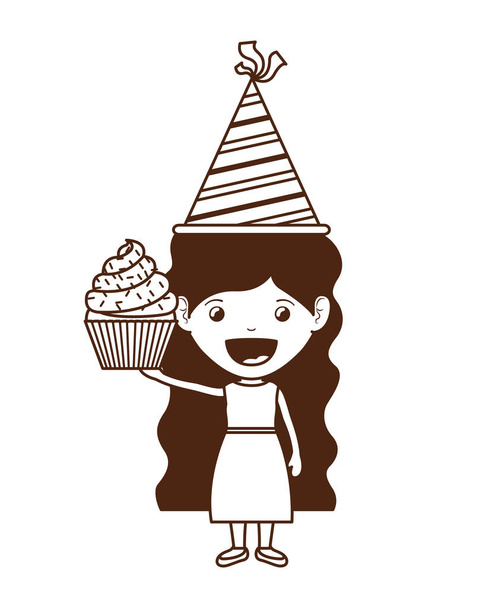 silhouet van meisje met feest hoed en cake in verjaardag viering - Vector, afbeelding