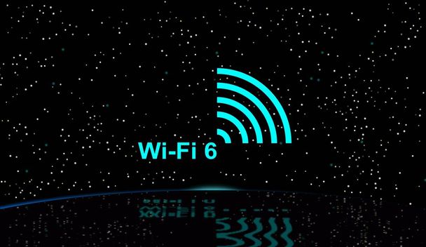 Εικονογράφηση, πόστερ Wi-Fi 6 WLAN υψηλής απόδοσης ασύρματο στο χώρο του νερού, και αντανακλάσεις στο νερό. Συνδεσιμότητα δικτύου νέας γενιάς τηλεπικοινωνιών. - Φωτογραφία, εικόνα